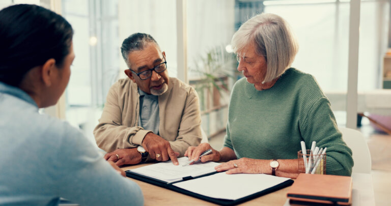 Office, lawyer or old couple with will, contract or document for retirement funding or compliance. Plan, advisor or married elderly clients with legal form or title deed agreement with life insurance trust administration