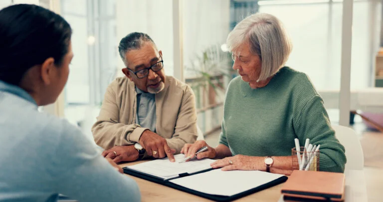 Office, lawyer or old couple with will, contract or document for retirement funding or compliance. Plan, advisor or married elderly clients with legal form or title deed agreement with life insurance trust administration